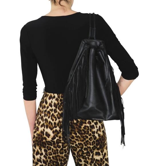 Y2k Victoria’s Secret Black Faux Leather Drawstring Tassel Backpack - Picture 4 of 12
